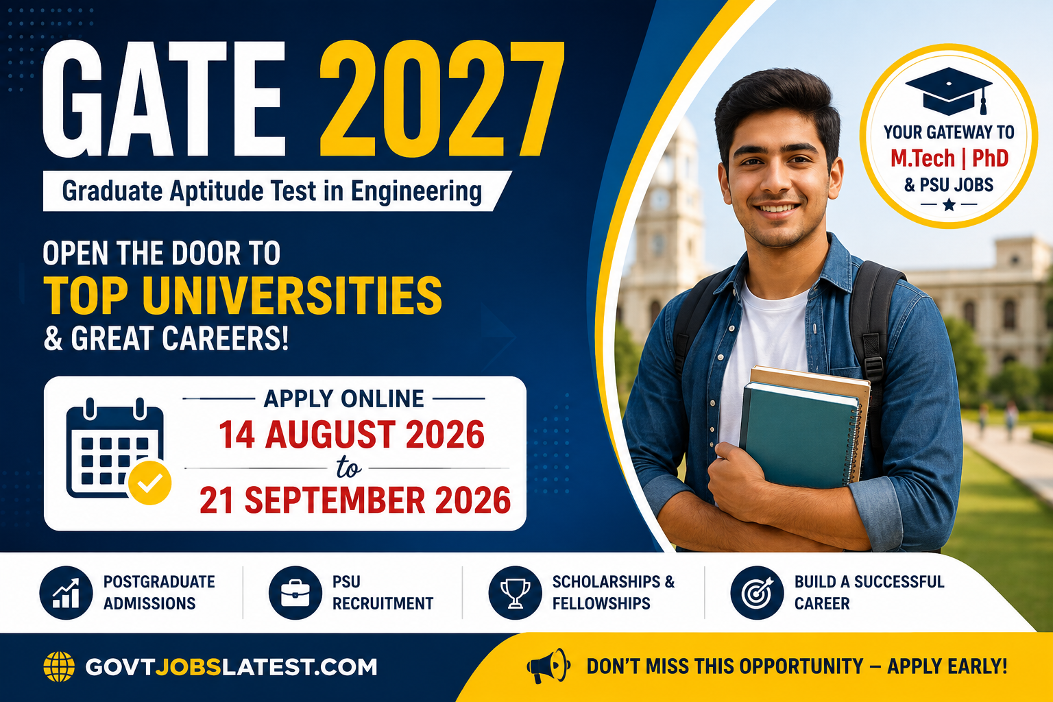 GATE 2027 apply from 14 august to 21 september 2026